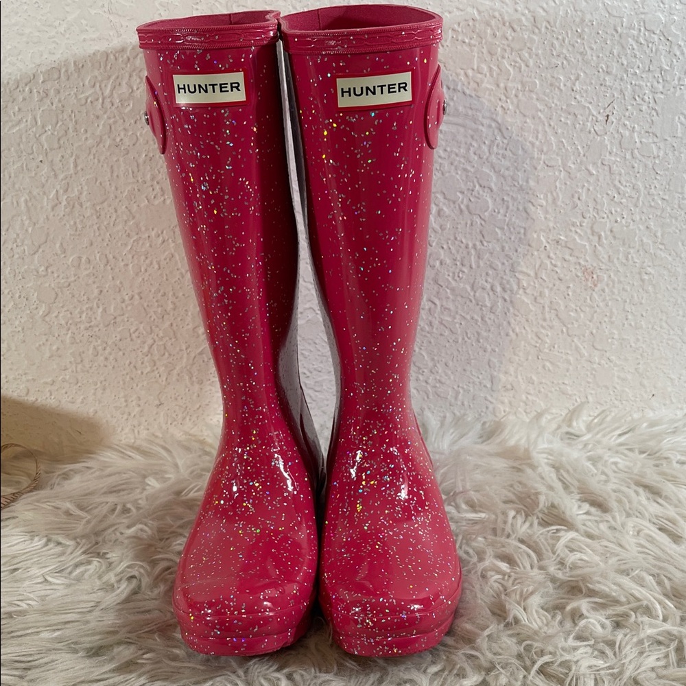 HUNTER Glitter Shiny Rain Boots Waterproof Pink Size 5 NEW - Picture 2 of 12